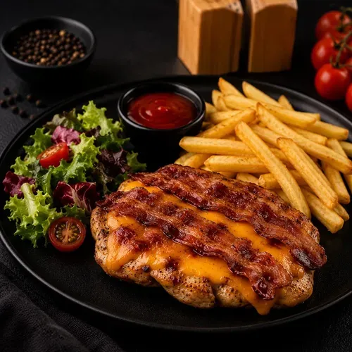 Steak de pui cu cașcaval Cheddar și bacon
