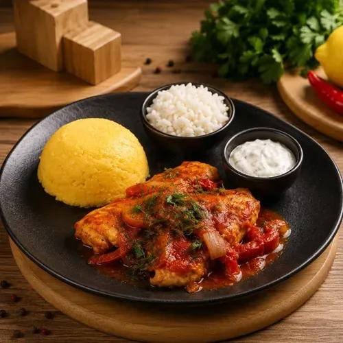 Mămăligă cu tocaniță de pui,smântână,brânză de oi