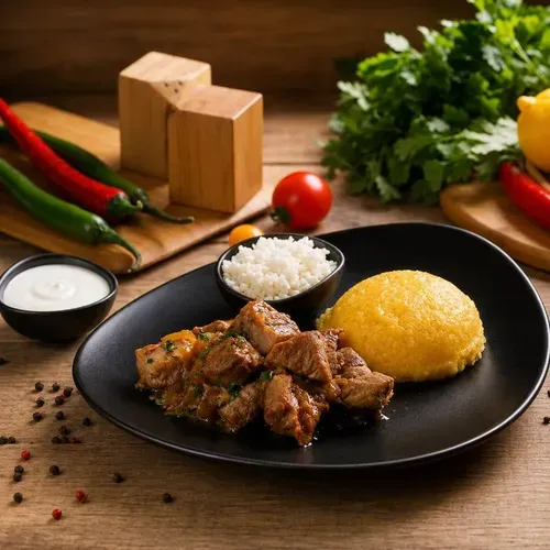 Tocană de porc, mămăligă cu brânză și smântână