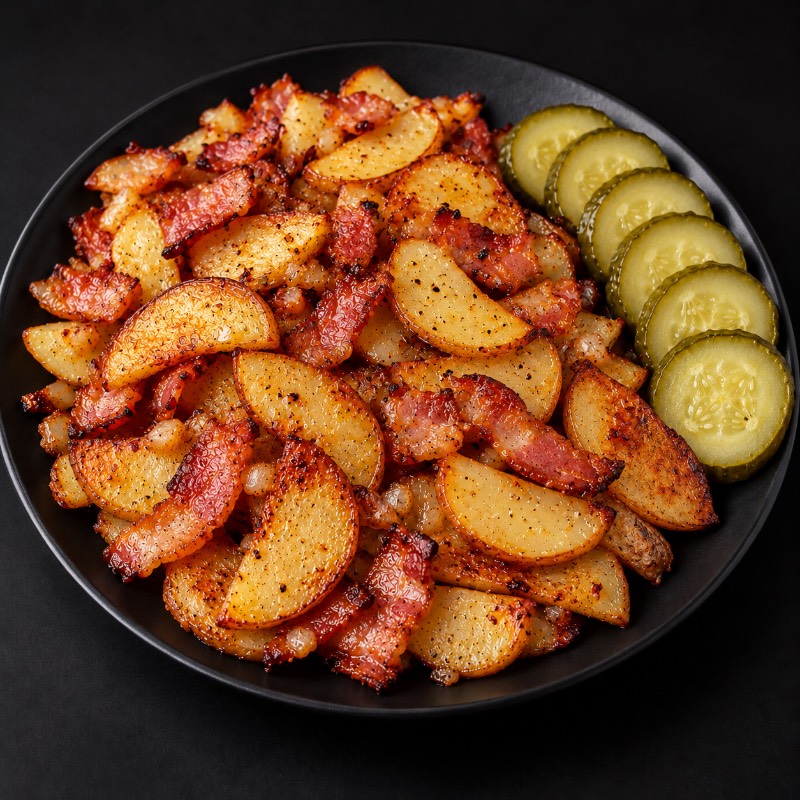 Cartofi ca acasă prăjiți cu bacon și ceapă